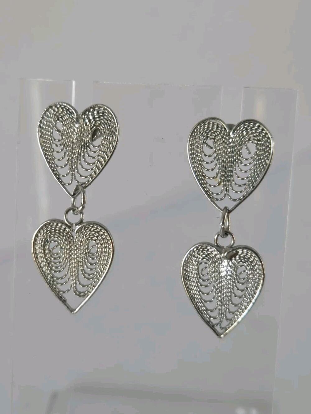 Double Heart Filigree Silver Tone Drop Post Earrings
